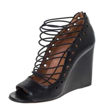 Pre Owned Givenchy Black Leather Strappy Ria Wedge Sandals Size 39