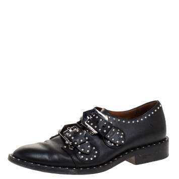 Pre Owned Givenchy Black Leather Studded Double Monk Flats Size 36