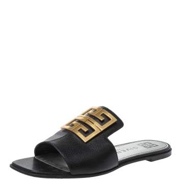 Pre Owned Givenchy Black Leather 4G Flat Slides Size 40