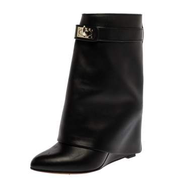 Pre Owned Givenchy Black Leather Shark Lock Wedge Ankle Boots Size 39