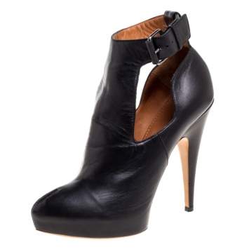Pre Owned Givenchy Black Leather Peep Toe Platform Ankle Booties Size 39