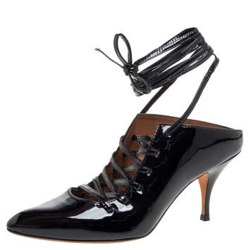 Pre Owned Givenchy Black Patent Leather Lace Wrap Mule Pumps Size 38