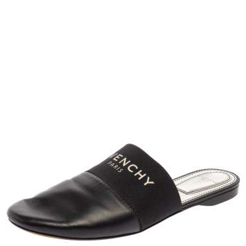 Pre Owned Givenchy Black Leather And Elastic Logo Flat Mules Size 37