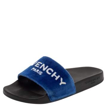Pre Owned Givenchy Blue/ White Velvet Logo Slide Flats Size 36