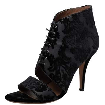 Pre Owned Givenchy Black/Grey Velvet And Lace Cutout Lace Up Boots Size 40