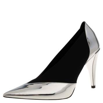 Pre Owned Givenchy Metallic Silver/Black Leather And Elastic Pointed Toe Pumps Size 37.5