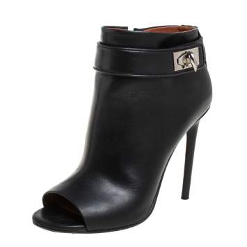 Pre Owned Givenchy Black Leather Shark Lock High Heel Ankle Boots Size 36.5