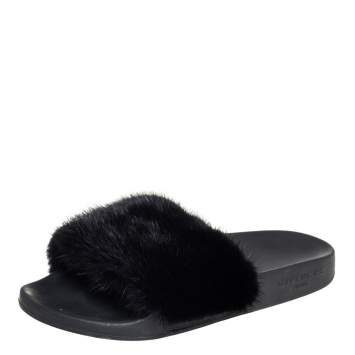 Pre Owned Givenchy Black Mink Fur Flat Slides Size 38