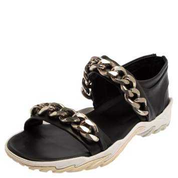 Pre Owned Givenchy Black Leather Chain Link Strap Flat Sandals Size 42