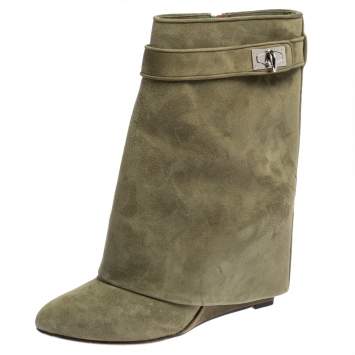 Pre Owned Givenchy Green Suede Shark Lock Wedge Ankle Boots Size 40