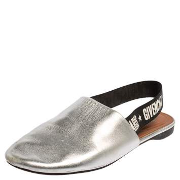 Pre Owned Givenchy Silver Leather And Elastic Rivington Slingback Mules Size 36
