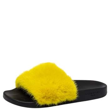 Pre Owned Givenchy Yellow Mink Fur Flat Slides Size 41
