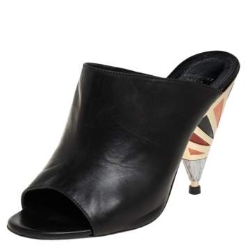 Pre Owned Givenchy Black Leather Show Mixed Cone Heel Mules Size 36