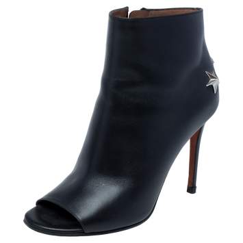 Pre Owned Givenchy Black Leather Star Embellished Open Toe Ankle Booties Size 37.5