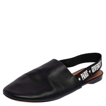 Pre Owned Givenchy Black Leather Rivington Logo Slingback Flat Mules Size 40.5