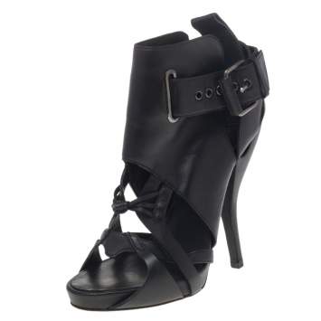 Pre Owned Givenchy Black Leather Ankle Length Strappy Booties Size 36.5