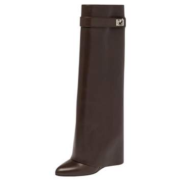 Pre Owned Givenchy Brown Leather Shark Lock Knee Length Boots Size 37.5