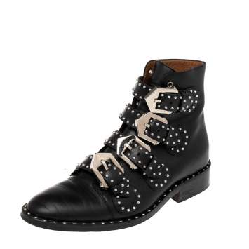 Pre Owned Givenchy Black Leather Studded Buckle Detail Ankle Boots Size 35