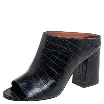 Pre Owned  Givenchy Green/Black Croc Embossed Leather Peep Toe Mule Sandals Size 36