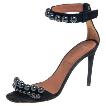 مملوكة مسبقًا Givenchy Black Suede Faux Pearl Embellished Open Toe Ankle Strap Sandals Size 38