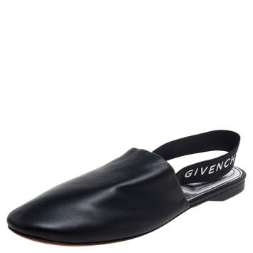 Pre Owned Givenchy Black Leather Rivington Logo Slingback Flat Mules Size 36.5