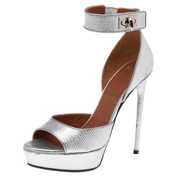 Pre Owned Givenchy Silver Leather Shark Lock Ankle Strap Sandals Size 38