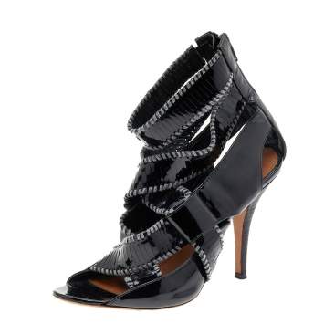 Pre Owned Givenchy Black Patent Leather Ankle Cuff Zipper Sandals Size 37