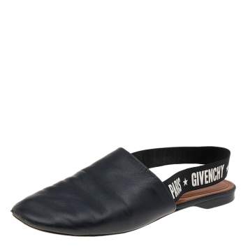 Pre Owned Givenchy Black Leather Rivington Logo Slingback Flat Mules Size 38