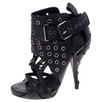Pre Owned Givenchy Black Leather Studded Strappy Ankle Boots Size 38
