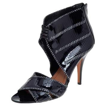 Pre Owned Givenchy Black Stripe Cut Patent Leather Ankle Booties Size 39.5
