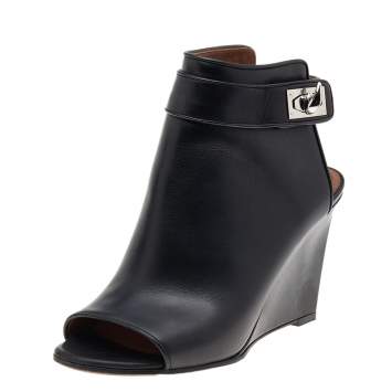 Pre Owned Givenchy Black Leather Shark Lock Peep Toe Ankle Boots Size 37