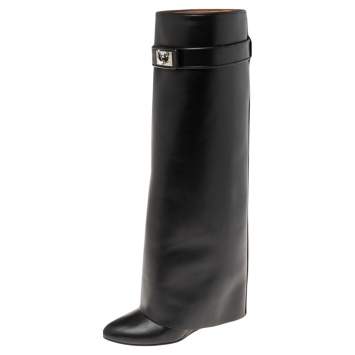 Pre Owned Givenchy Black Leather Shark Lock Wedge Knee High Boots Size 36