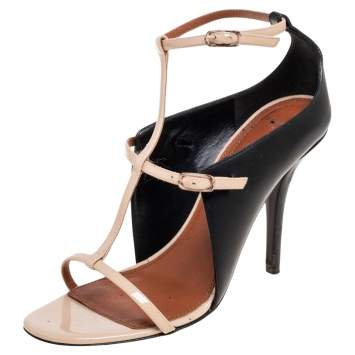 Pre Owned Givenchy Beige/Black Patent and Leather Ankle-Strap Sandals Size 38