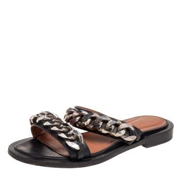 Pre Owned Givenchy Black Leather Chain Trimmed Flat Sandals Size 37