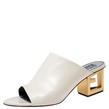 Pre Owned Givenchy Cream Leather Triangle Logo Heel Mules Size 39