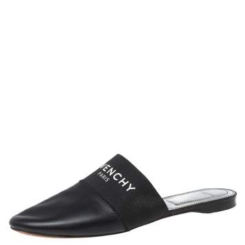 Pre Owned Givenchy Black Leather and Logo Elastic Flat Mules Size 38