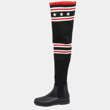 Pre Owned Givenchy Black Stretch Fabric And Rubber Storm Thigh High Boots Size 39