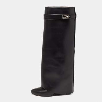 Pre Owned Givenchy Black Leather Shark Lock Knee High Boots Size 38.5