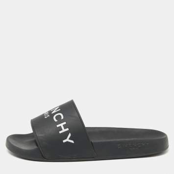 Pre Owned Givenchy Black Rubber Logo Pool Slides Size 37