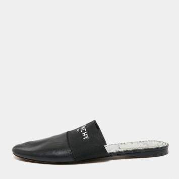 Pre Owned Givenchy Black Leather And Elastic Bedford Logo Mules Flat Size 39