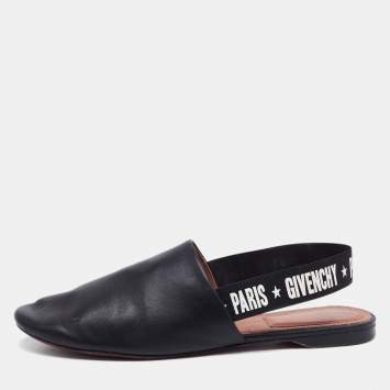 Pre Owned Givenchy Black Leather And Logo Stretch Band Slingback Flat Size 39