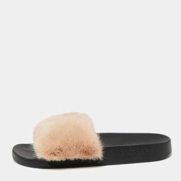 Pre Owned Givenchy Beige Mink Fur Flat Slides Sandals Size 38