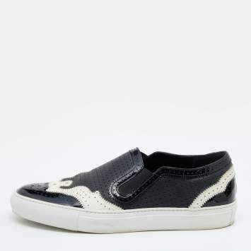 Pre Owned Givenchy Black/White Perforated Patent and Leather Slip On Sneakers Size 39