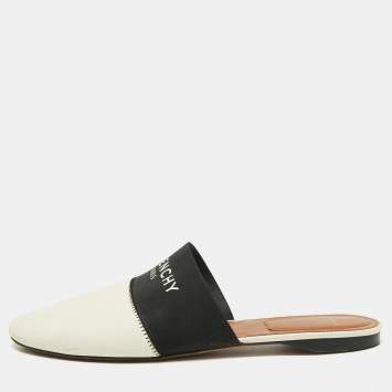 Pre Owned Givenchy White Leather And Logo Strecth Band Bedford Flat Mules Size 39