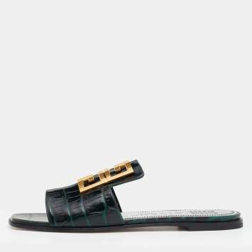 Pre Owned Givenchy Green Croc Embossed Leather 4G Flat Slides Size 38