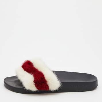 مملوكة مسبقًا Givenchy White/Red Mink Fur Striped Flat Slides Size 38