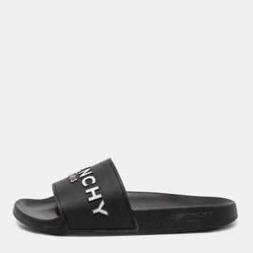 Pre Owned Givenchy Black Rubber Logo Flat Slides Size 40