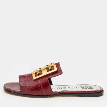 Pre Owned Givenchy Burgundy Croc Embossed Leather Flat Slide Sandals Size 37