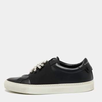 Pre Owned Givenchy Black Leather Crystal Embellished Slip On Sneakers Size 39