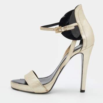 Pre Owned Givenchy Metallic Gold/Black Leather And Patent Leather Ankle Strap Sandals Size 40